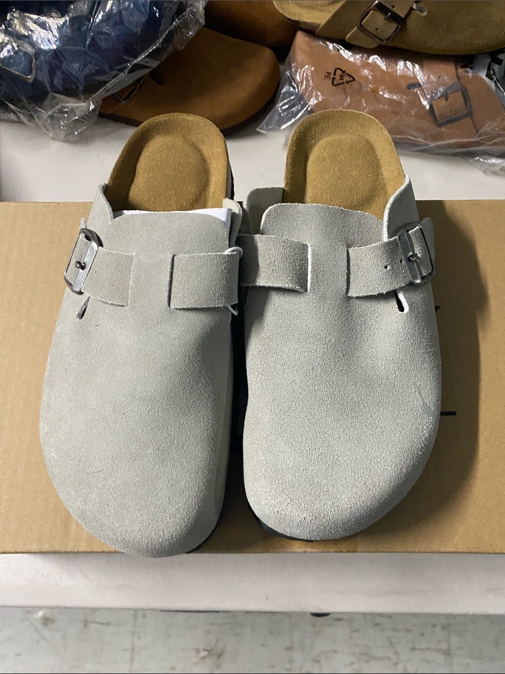 Women's Suede Slip-On Clog in Light Gray with Buckle
